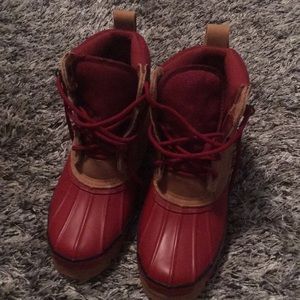 Red and tan duck boots